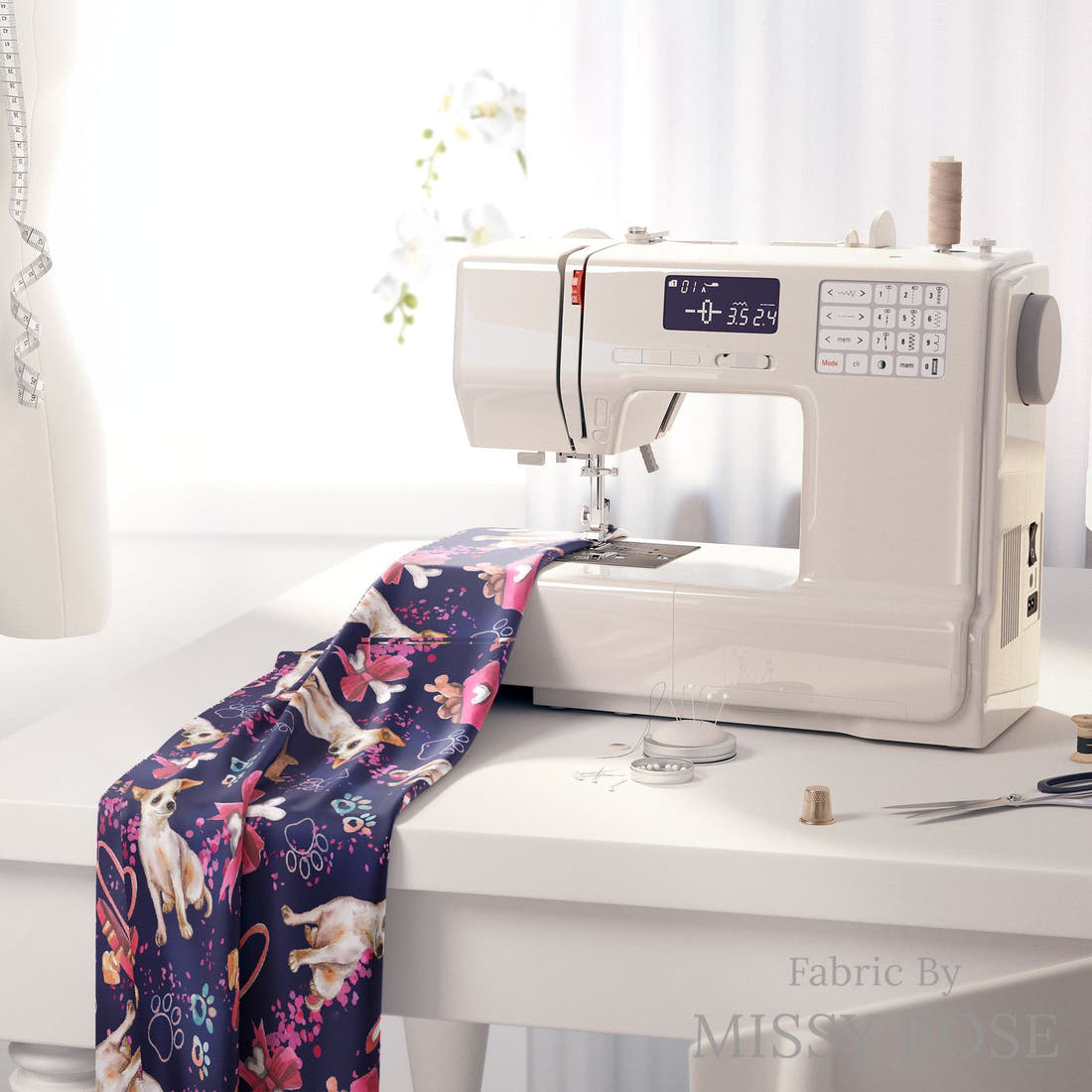 Design 493 Chiwawa Fabric on a sewing machine – premium fabric for sewing projects | Fabric by Missy Rose