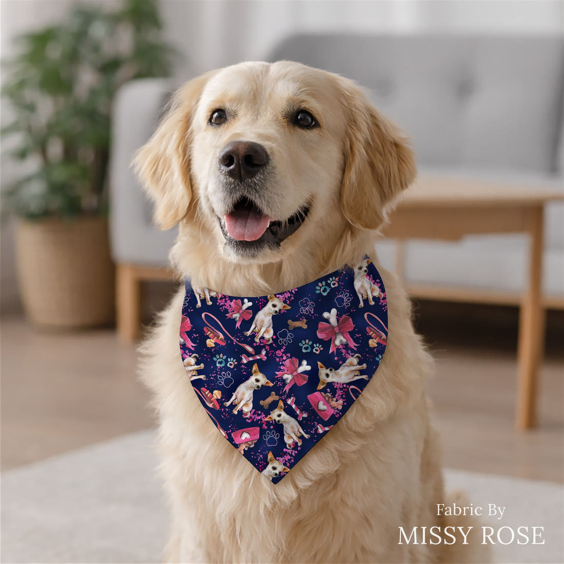 Design 493 Chiwawa Fabric sewn into a dog bandana – see how the print looks made up | Fabric by Missy Rose