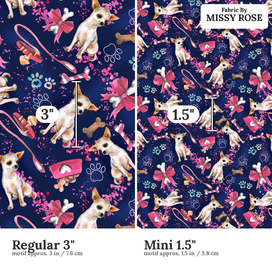 Design 493 Chihuahua Fabric size comparison - print scale | Fabric by Missy Rose