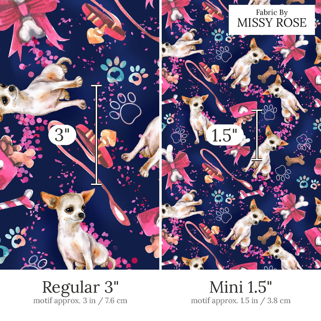 Design 493 Chiwawa Fabric Regular 3 inch vs Mini 1.5 inch print scale side by side | Fabric by Missy Rose