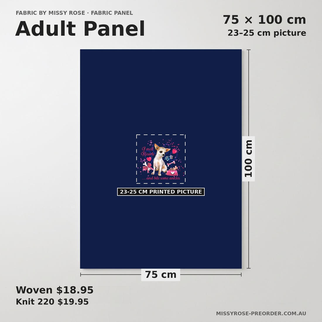 Design 493 Chihuahua Panel adult panel sizing – 23–25 cm printed picture on 75 × 100 cm fabric | Fabric by Missy Rose