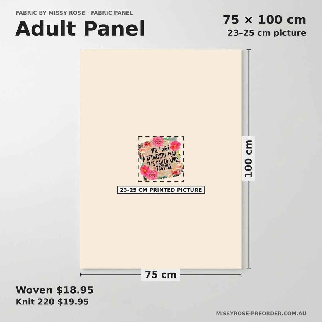 Design 494 Wine Tasting Panel adult panel sizing – 23–25 cm printed picture on 75 × 100 cm fabric | Fabric by Missy Rose