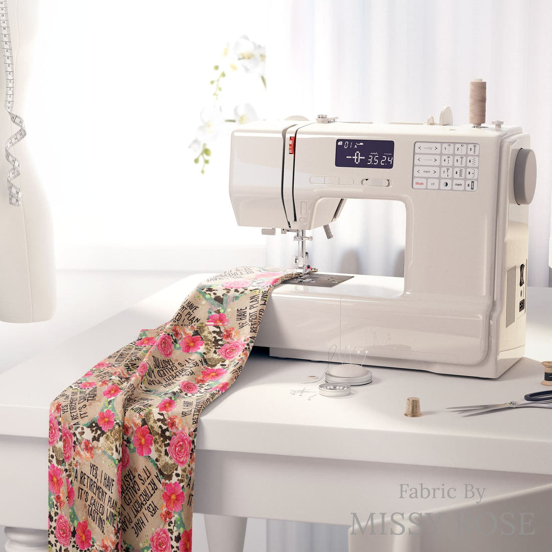 Design 494 Wine Tasting Fabric on a sewing machine – premium fabric for sewing projects | Fabric by Missy Rose