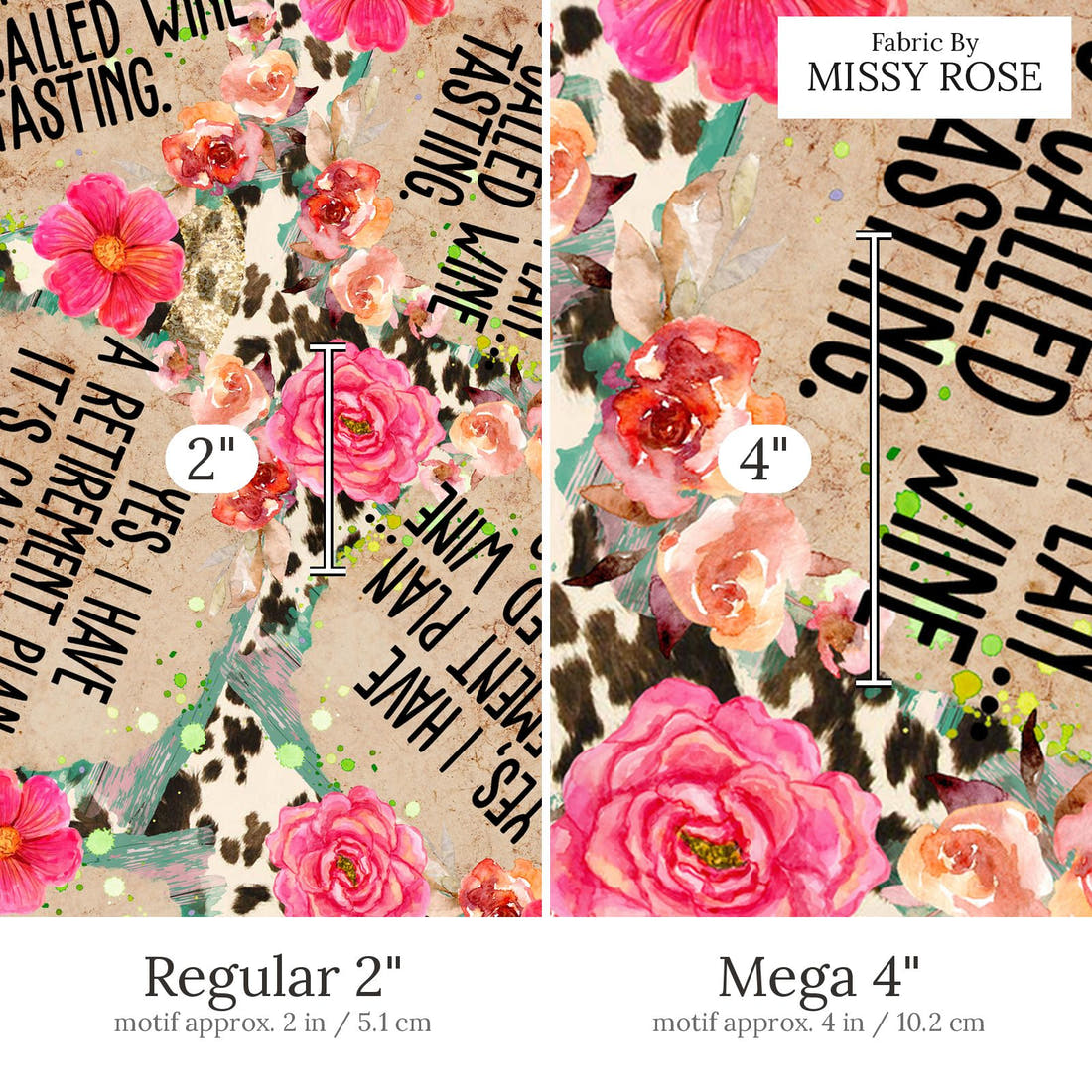 Design 494 Wine Tasting Fabric Regular 2 inch vs Mega 4 inch print scale side by side | Fabric by Missy Rose
