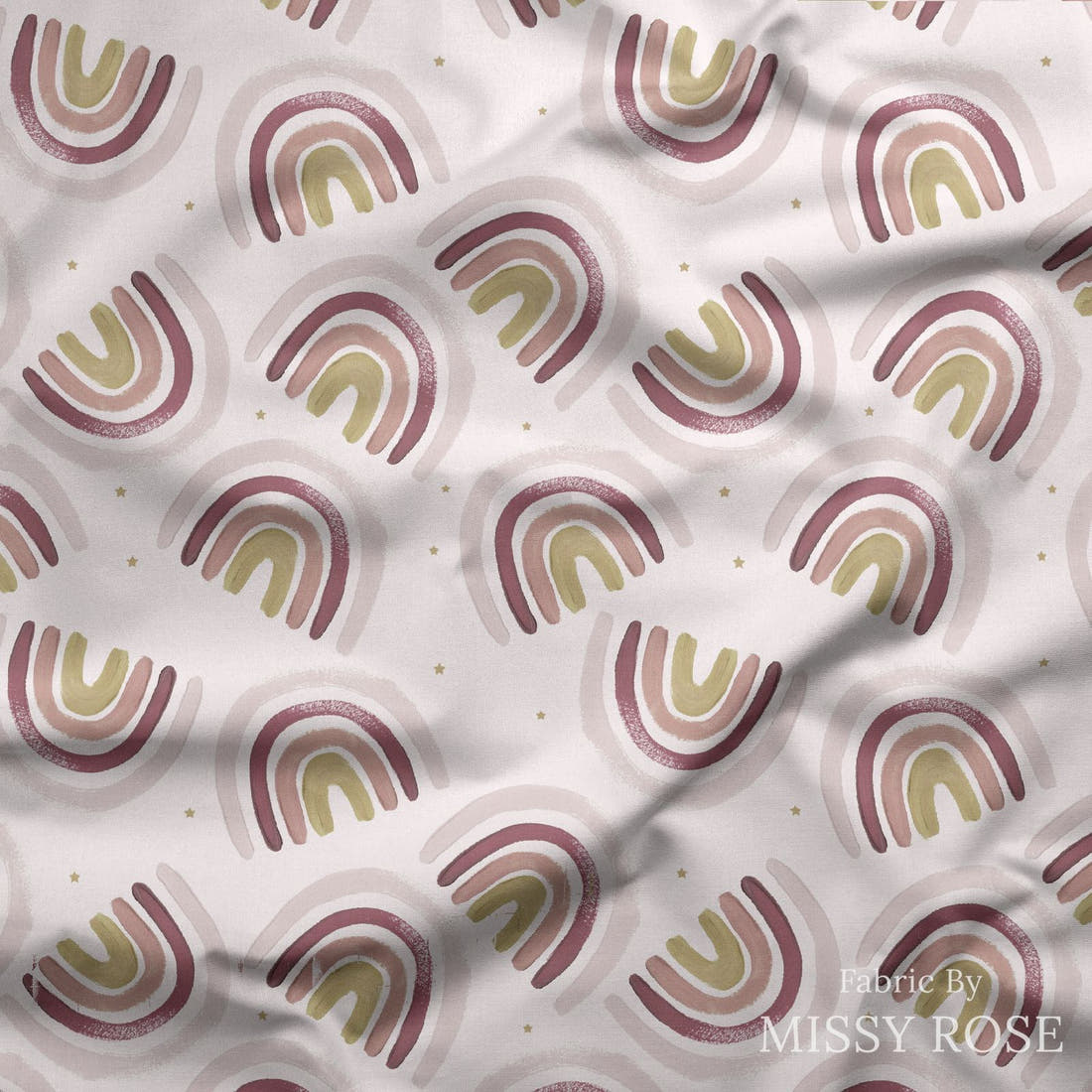 Design 495 Boho Rainbow Fabric draped fabric mockup – custom printed fabric by the metre | Fabric by Missy Rose