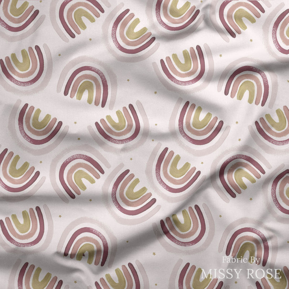 Design 495 Boho Rainbow Fabric draped fabric mockup – custom printed fabric by the metre | Fabric by Missy Rose