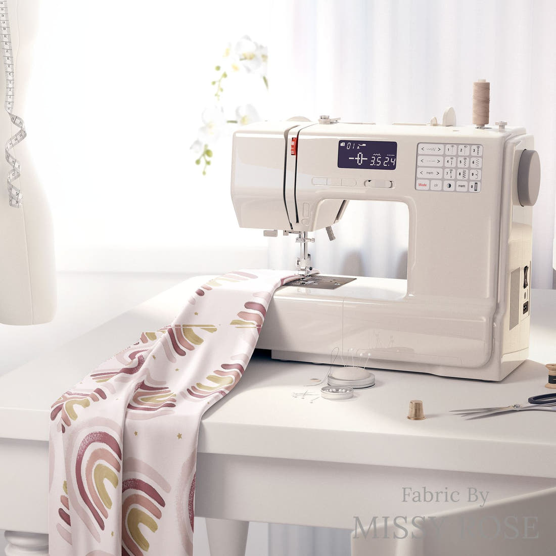 Design 495 Boho Rainbow Fabric on a sewing machine – premium fabric for sewing projects | Fabric by Missy Rose
