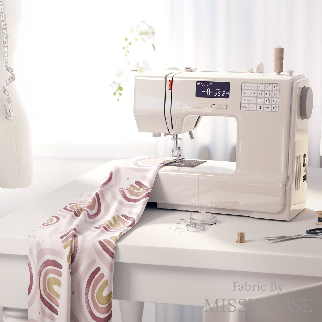 Design 495 Boho Rainbow Fabric on a sewing machine – premium fabric for sewing projects | Fabric by Missy Rose