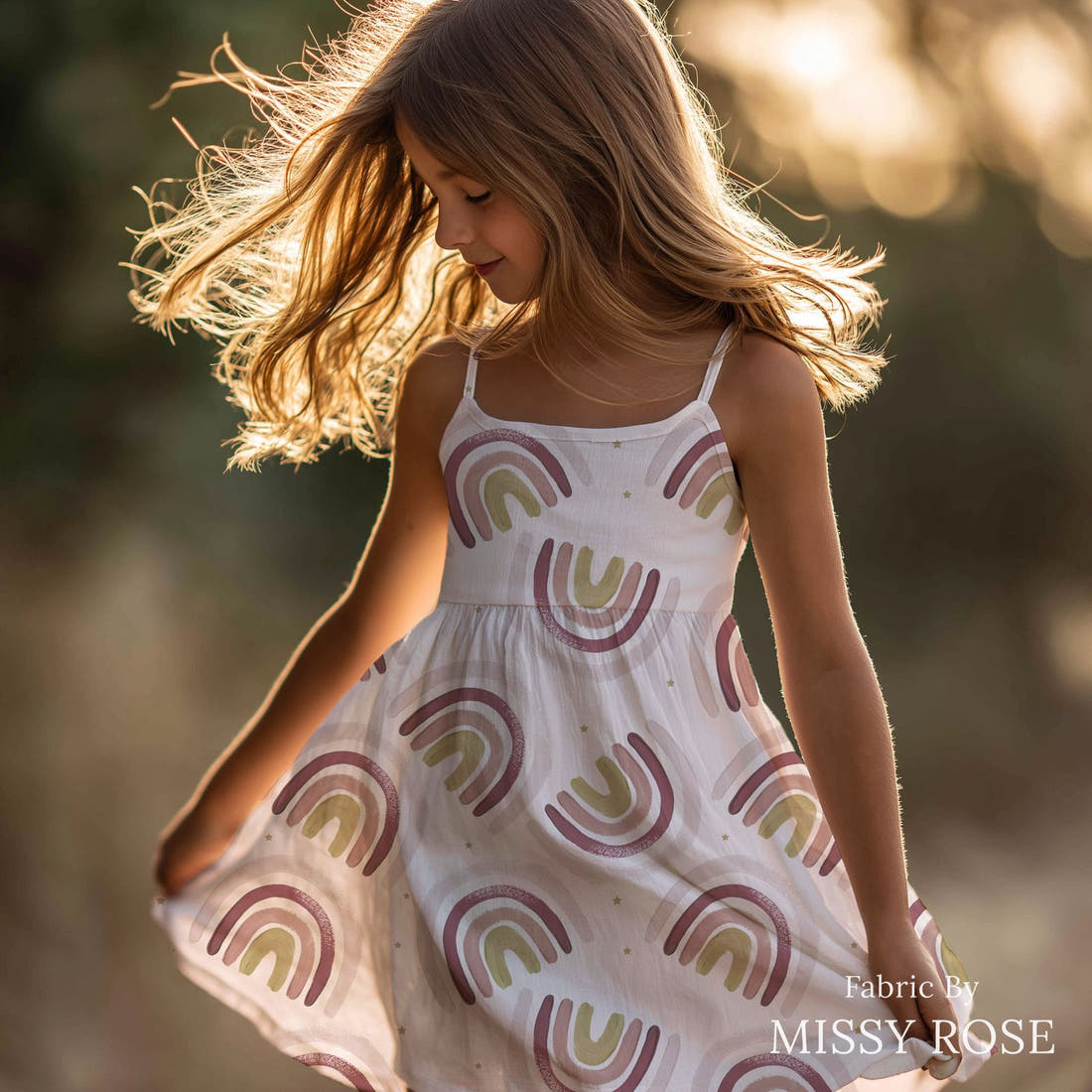 Design 495 Boho Rainbow Fabric sewn into a girls' dress – see how the print looks made up | Fabric by Missy Rose