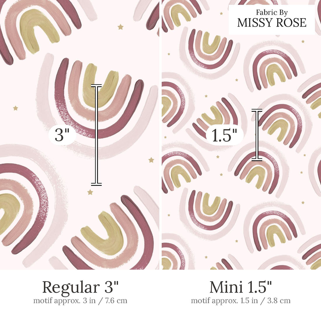 Design 495 Boho Rainbow Fabric Regular 3 inch vs Mini 1.5 inch print scale side by side | Fabric by Missy Rose