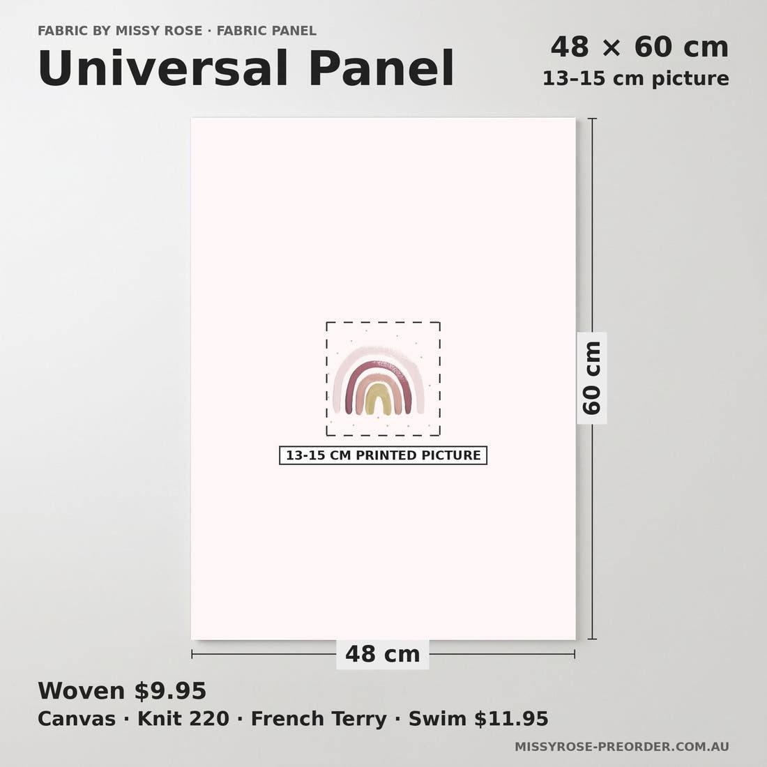 Design 495 Boho Rainbow Panel universal panel sizing – 13–15 cm printed picture on 48 × 60 cm fabric | Fabric by Missy Rose