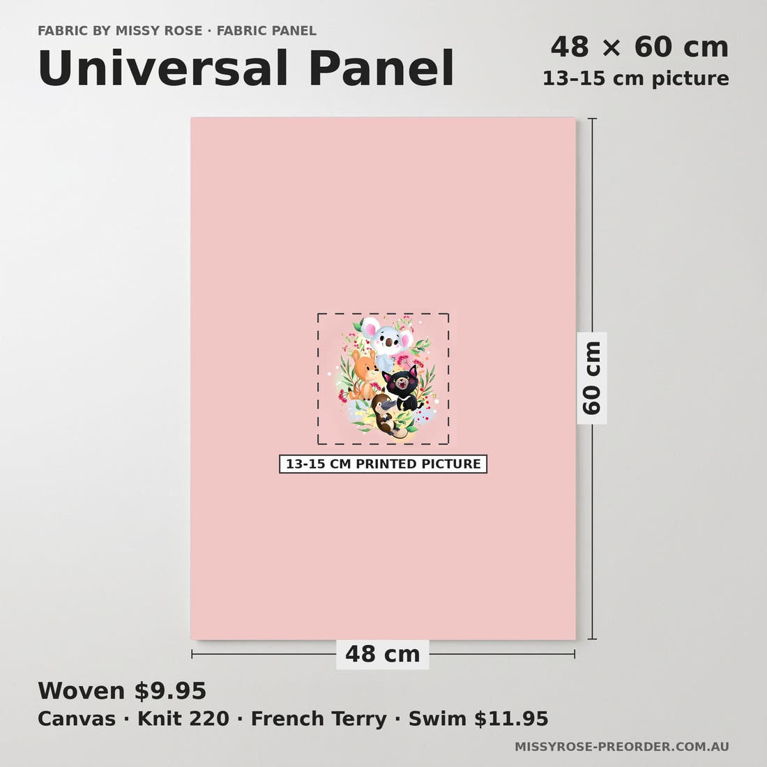 Design 496 Pink Australian Animal Panel universal panel sizing – 13–15 cm printed picture on 48 × 60 cm fabric | Fabric by Missy Rose