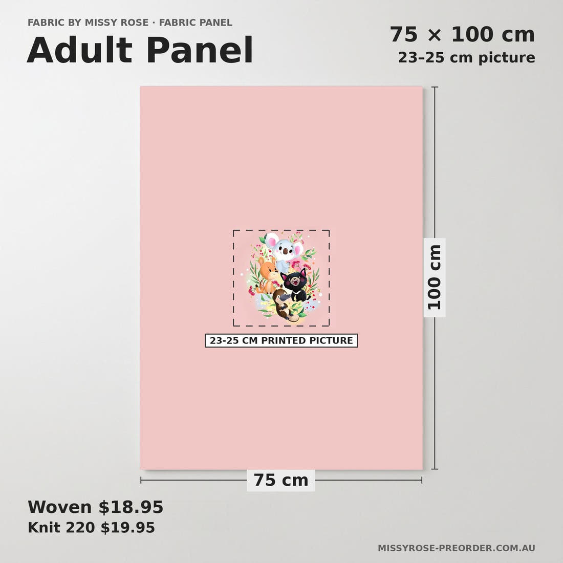 Design 496 Pink Australian Animal Panel adult panel sizing – 23–25 cm printed picture on 75 × 100 cm fabric | Fabric by Missy Rose