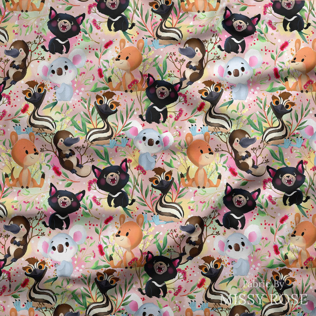 Design 496 Pink Australian Animal Fabric draped fabric mockup – custom printed fabric by the metre | Fabric by Missy Rose