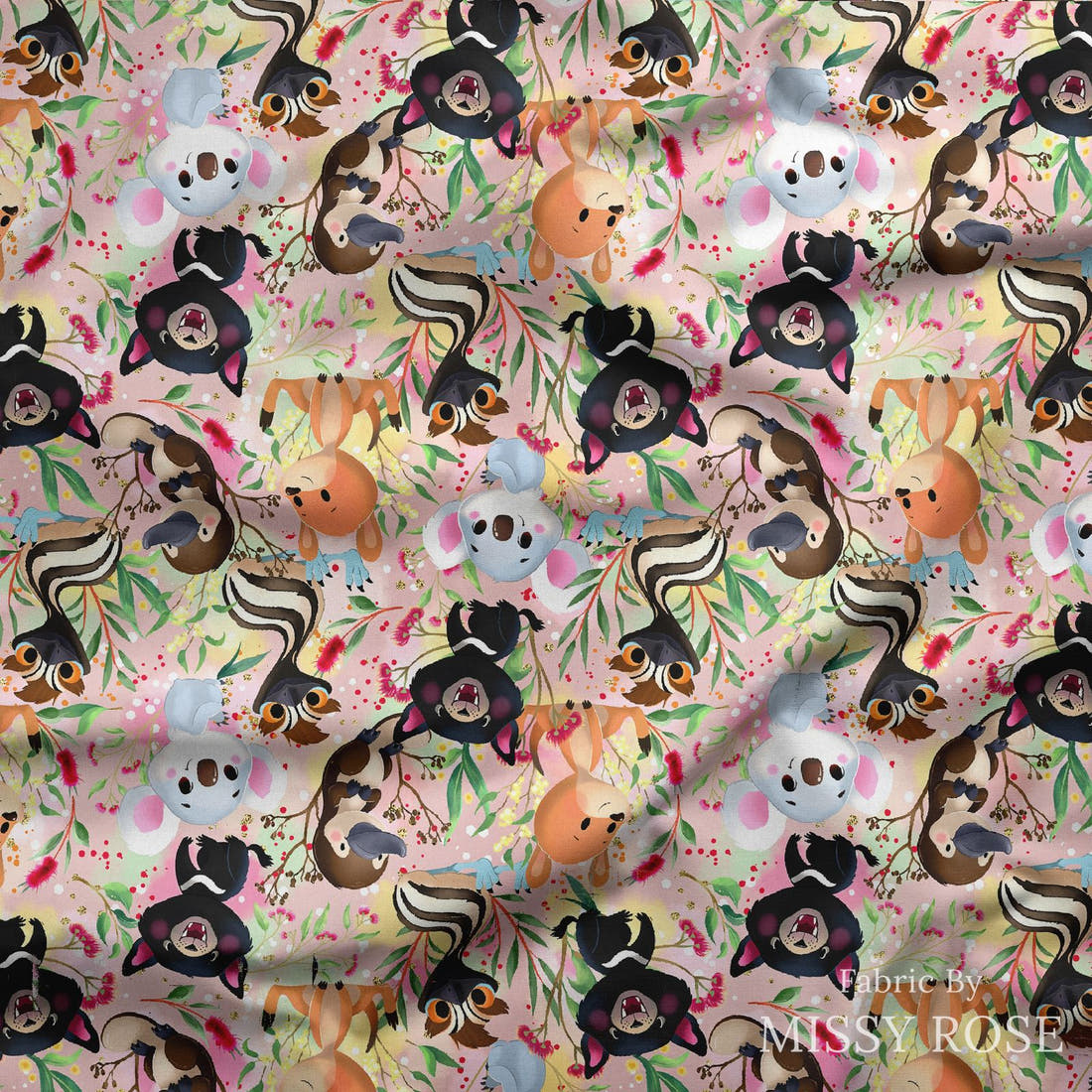 Design 496 Pink Australian Animal Fabric draped fabric mockup – custom printed fabric by the metre | Fabric by Missy Rose