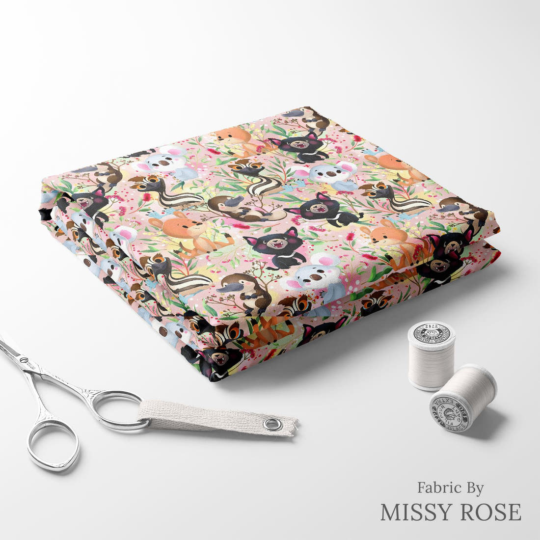 Design 496 Pink Australian Animal Fabric folded fabric stack with matching thread – pre-order fabric Australia | Fabric by Missy Rose