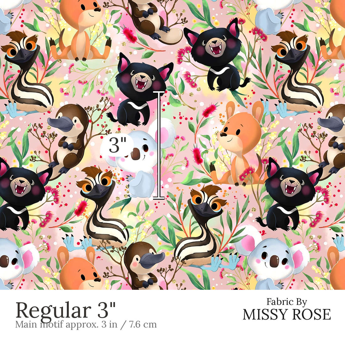 Design 496 Pink Australian Animal Fabric Regular 3 inch print scale guide | Fabric by Missy Rose
