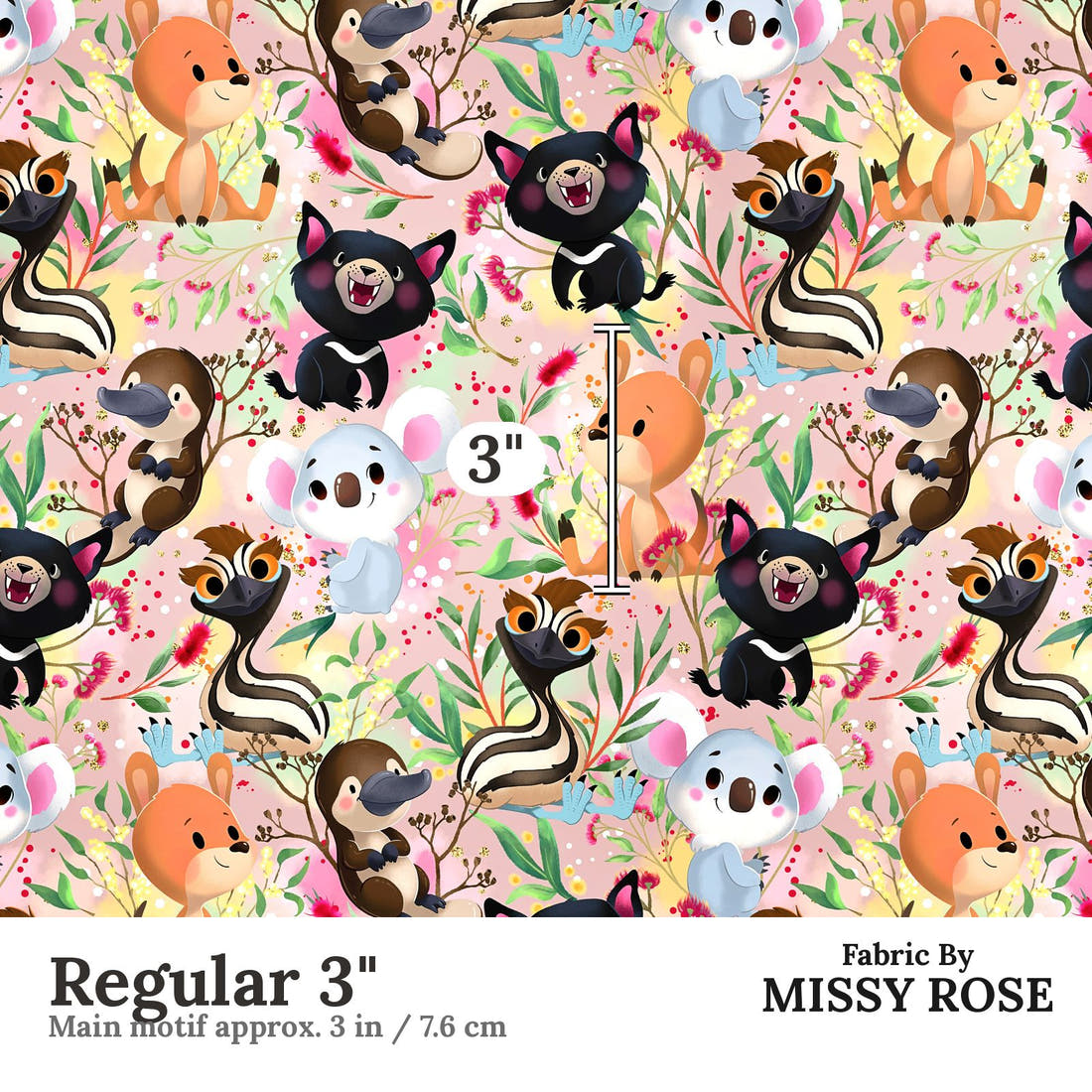Design 496 Pink Australian Animal Fabric Regular 3" - print scale | Fabric by Missy Rose