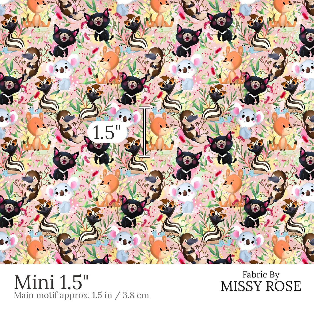Design 496 Pink Australian Animal Fabric Mini 1.5 inch print scale guide | Fabric by Missy Rose