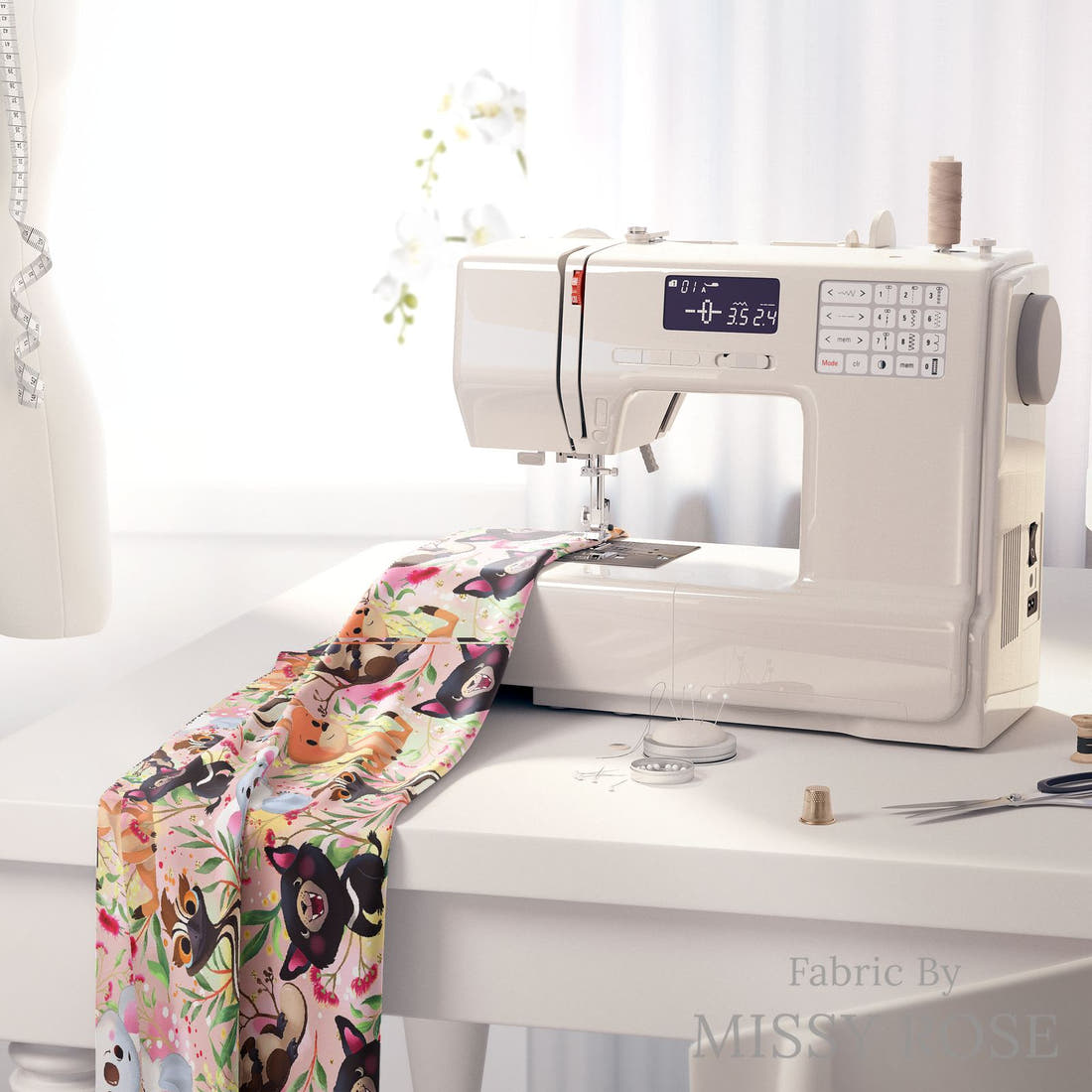 Design 496 Pink Australian Animal Fabric on a sewing machine – premium fabric for sewing projects | Fabric by Missy Rose