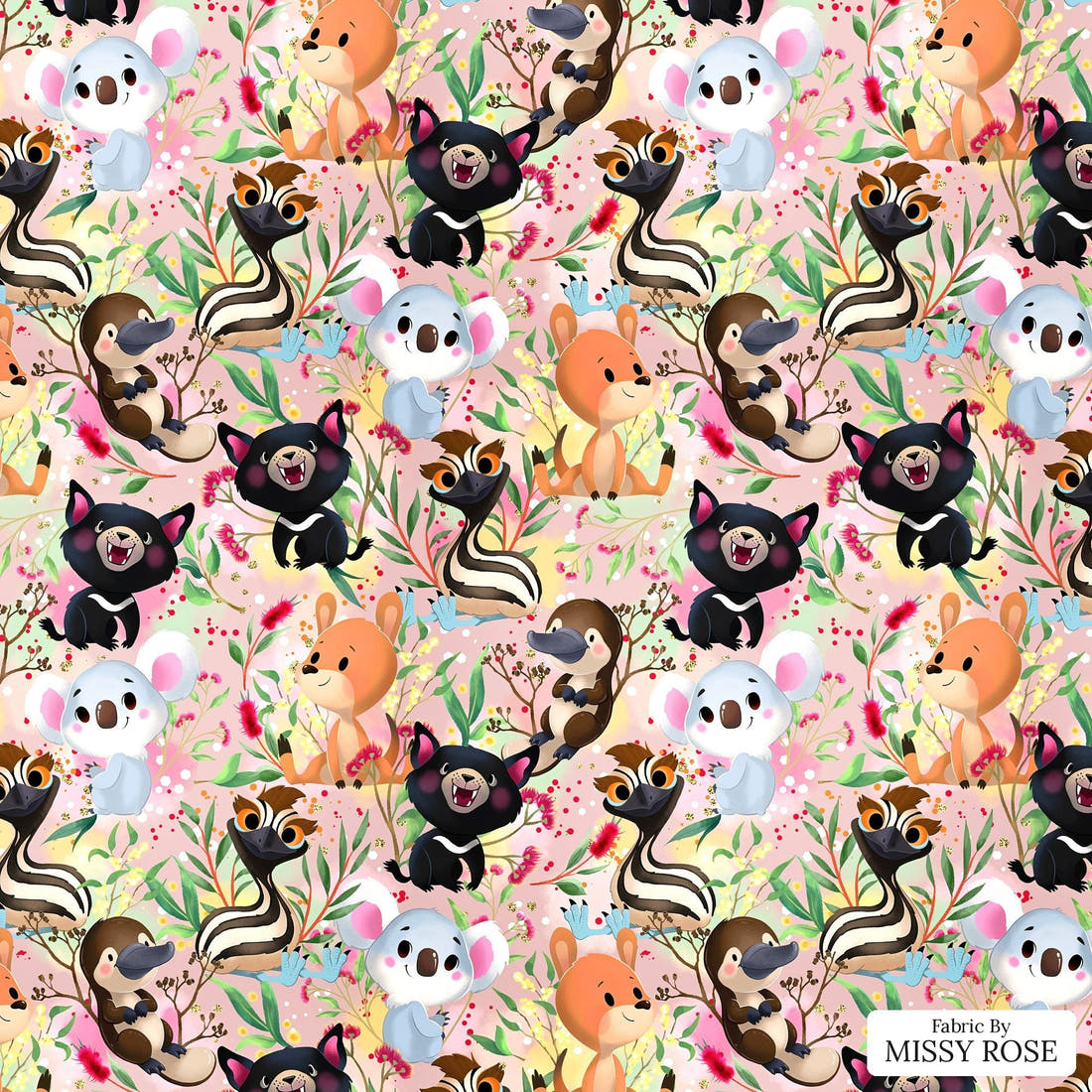 Design 496 Pink Australian Animal Fabric - flat view of the print, zoom in for detail | Fabric by Missy Rose