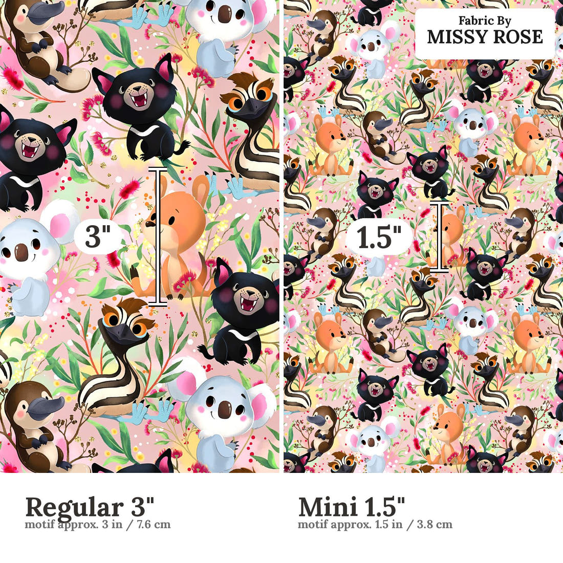 Design 496 Pink Australian Animal Fabric size comparison - print scale | Fabric by Missy Rose