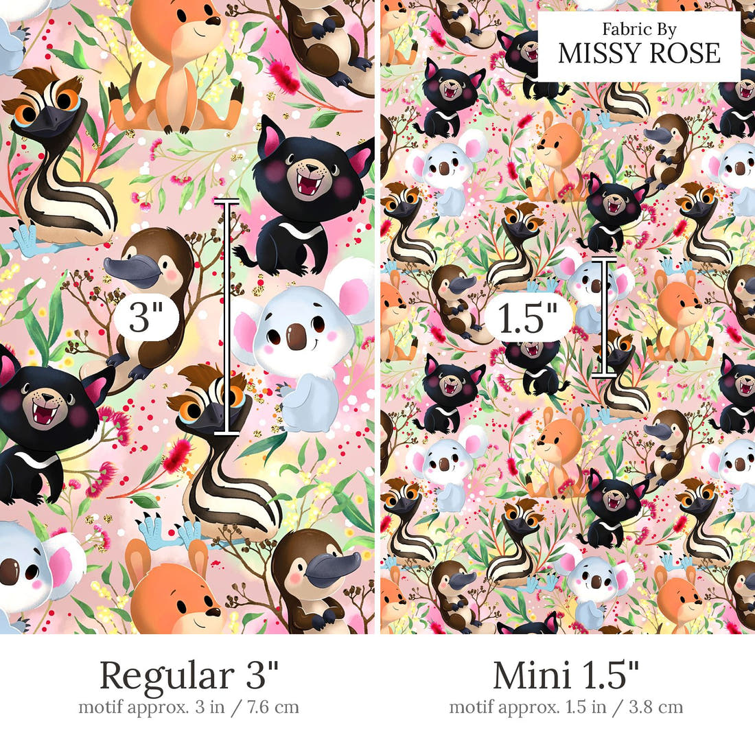 Design 496 Pink Australian Animal Fabric Regular 3 inch vs Mini 1.5 inch print scale side by side | Fabric by Missy Rose