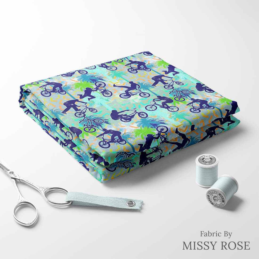 Design 497 BMX Fabric folded fabric stack with matching thread – pre-order fabric Australia | Fabric by Missy Rose