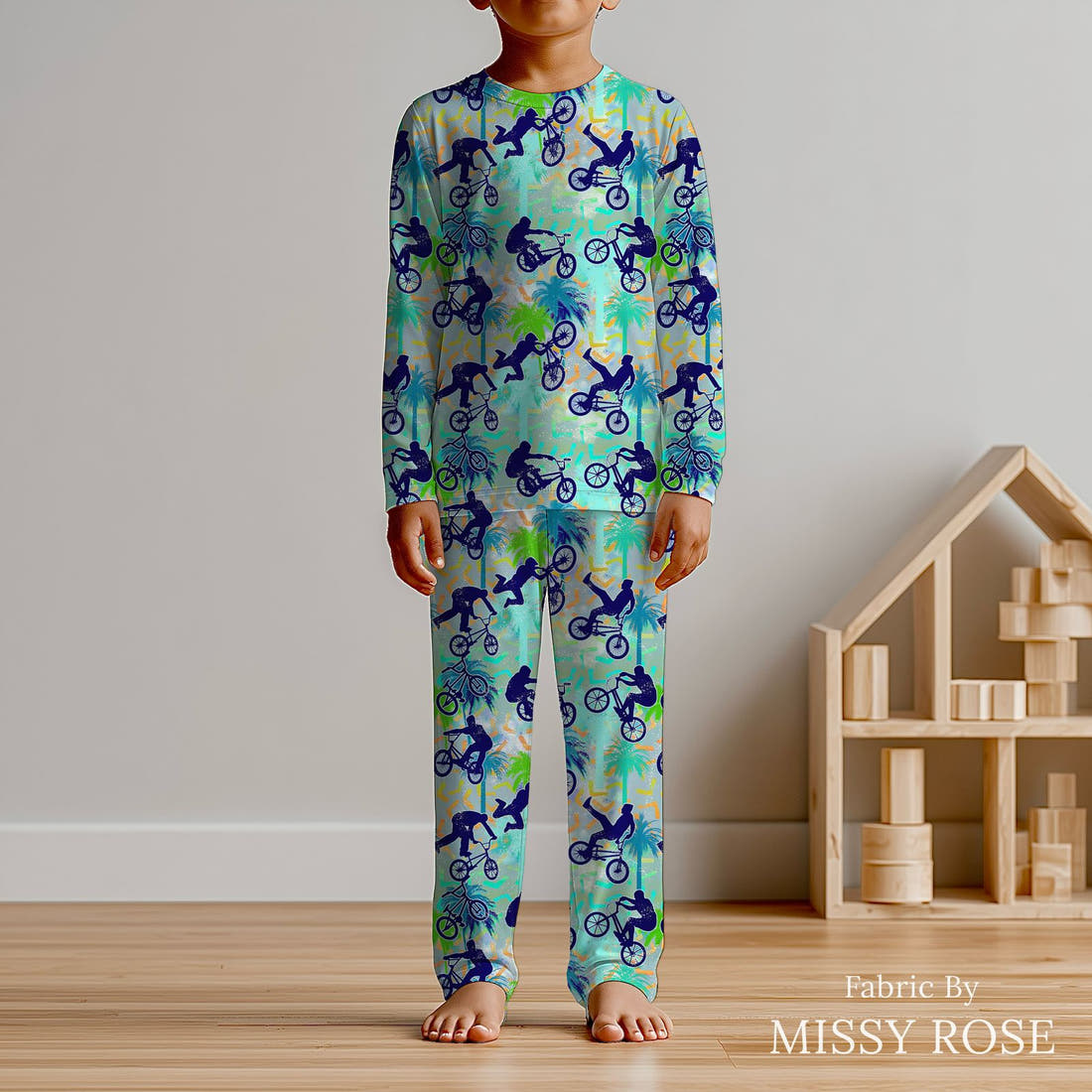 Design 497 BMX Fabric sewn into kids' pyjamas – see how the print looks made up | Fabric by Missy Rose