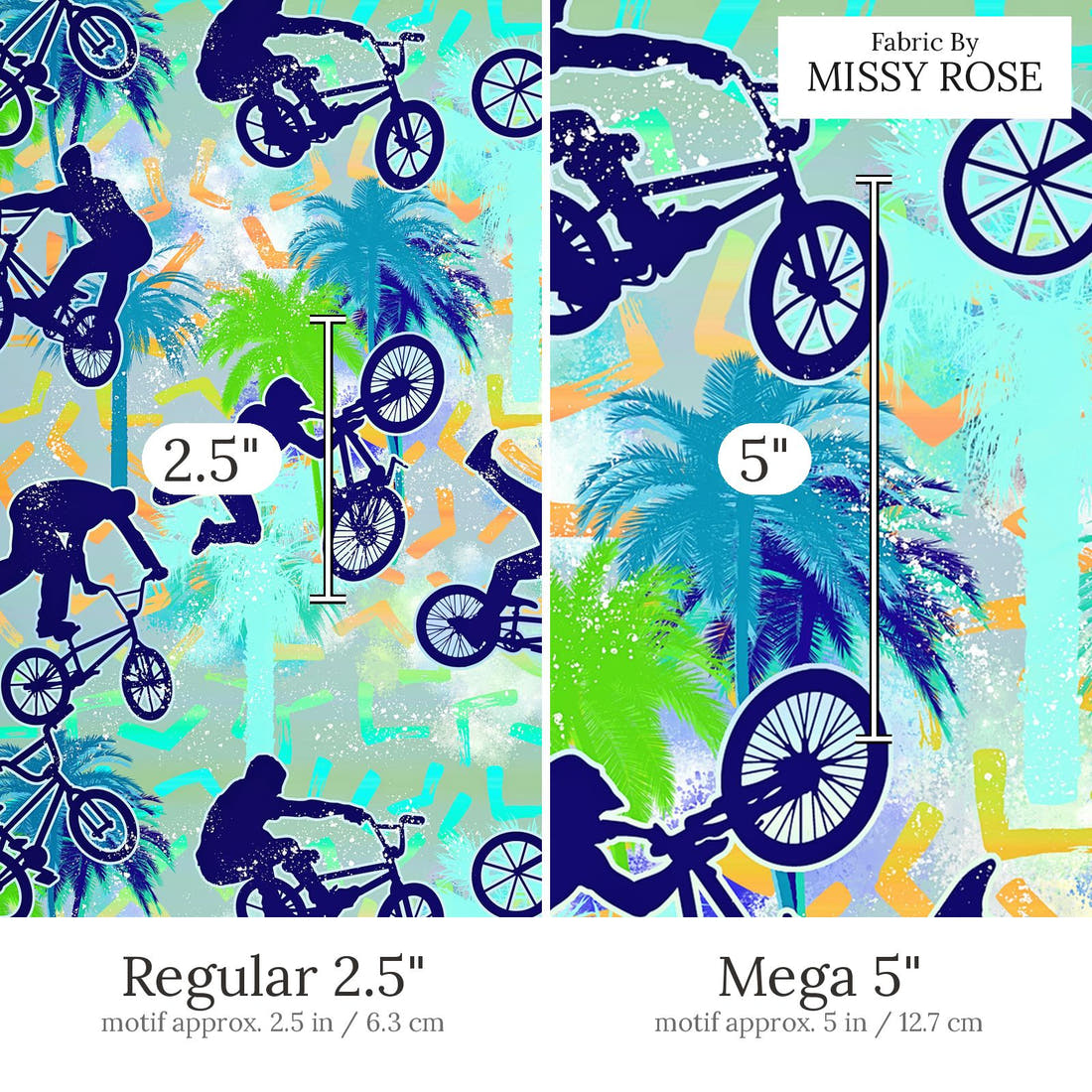 Design 497 BMX Fabric Regular 2.5 inch vs Mega 5 inch print scale side by side | Fabric by Missy Rose
