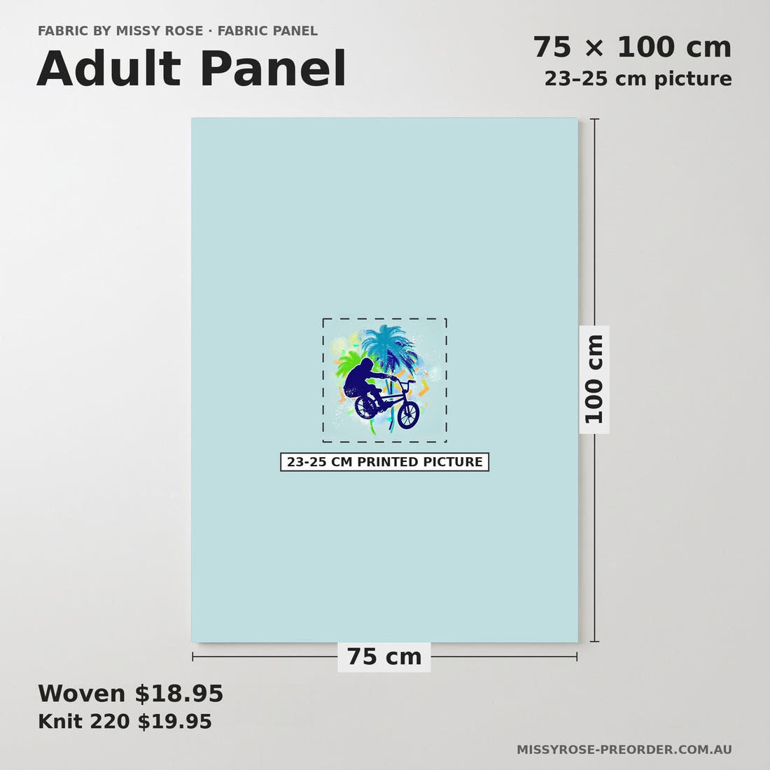 Design 497 BMX Panel adult panel sizing – 23–25 cm printed picture on 75 × 100 cm fabric | Fabric by Missy Rose