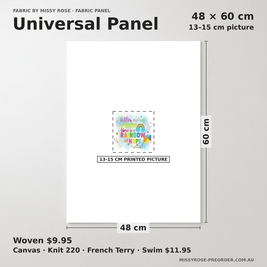 Design 498 Rainbow Baby Panel universal panel sizing – 13–15 cm printed picture on 48 × 60 cm fabric | Fabric by Missy Rose