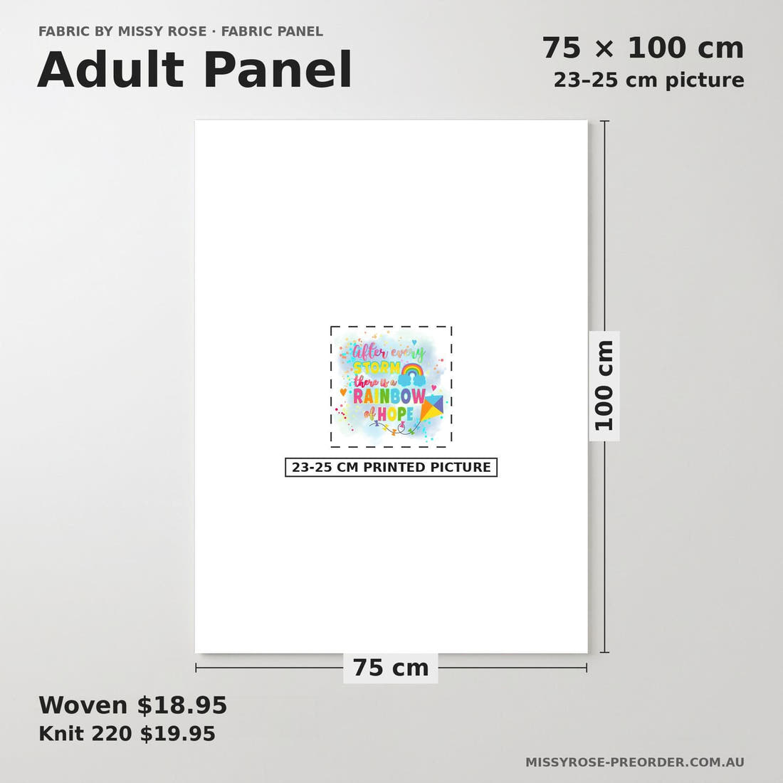 Design 498 Rainbow Baby Panel adult panel sizing – 23–25 cm printed picture on 75 × 100 cm fabric | Fabric by Missy Rose