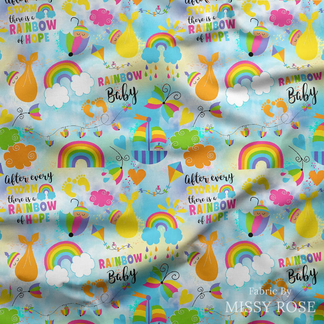 Design 498 Rainbow Baby Fabric draped fabric mockup – custom printed fabric by the metre | Fabric by Missy Rose