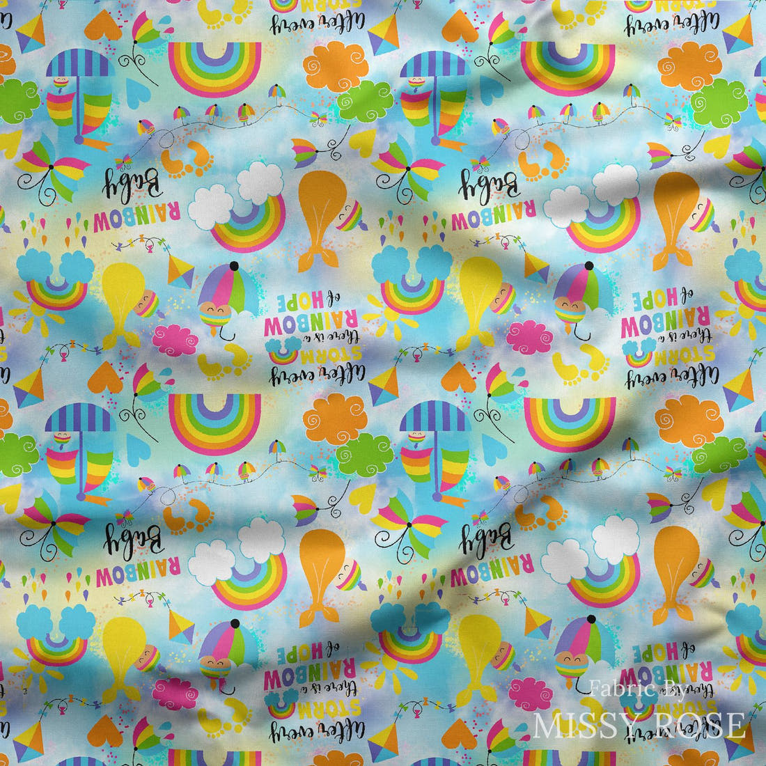 Design 498 Rainbow Baby Fabric draped fabric mockup – custom printed fabric by the metre | Fabric by Missy Rose