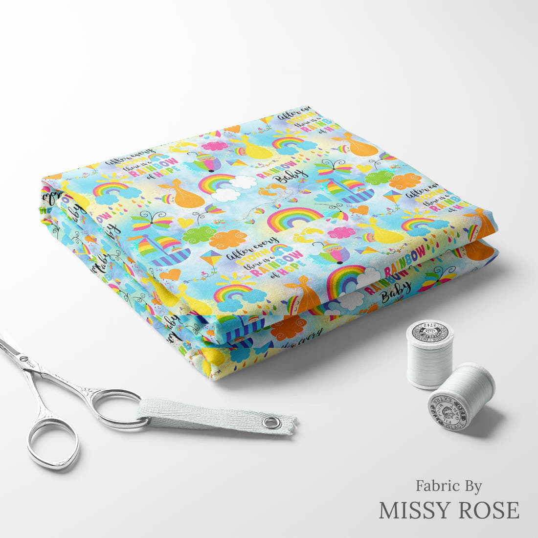 Design 498 Rainbow Baby Fabric folded fabric stack with matching thread – pre-order fabric Australia | Fabric by Missy Rose