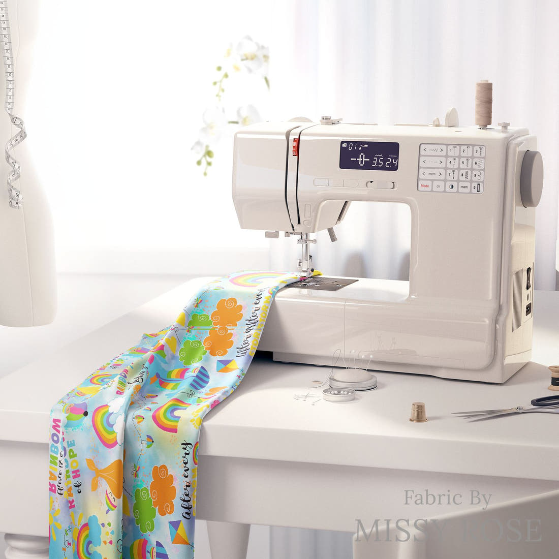 Design 498 Rainbow Baby Fabric on a sewing machine – premium fabric for sewing projects | Fabric by Missy Rose