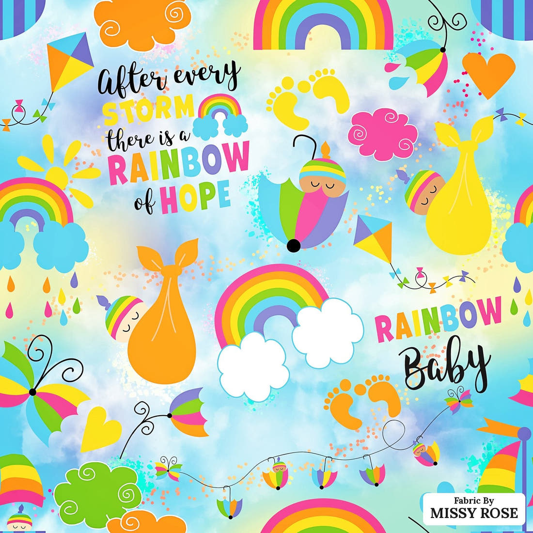 Design 498 Rainbow Baby Fabric - flat view of the print, zoom in for detail | Fabric by Missy Rose