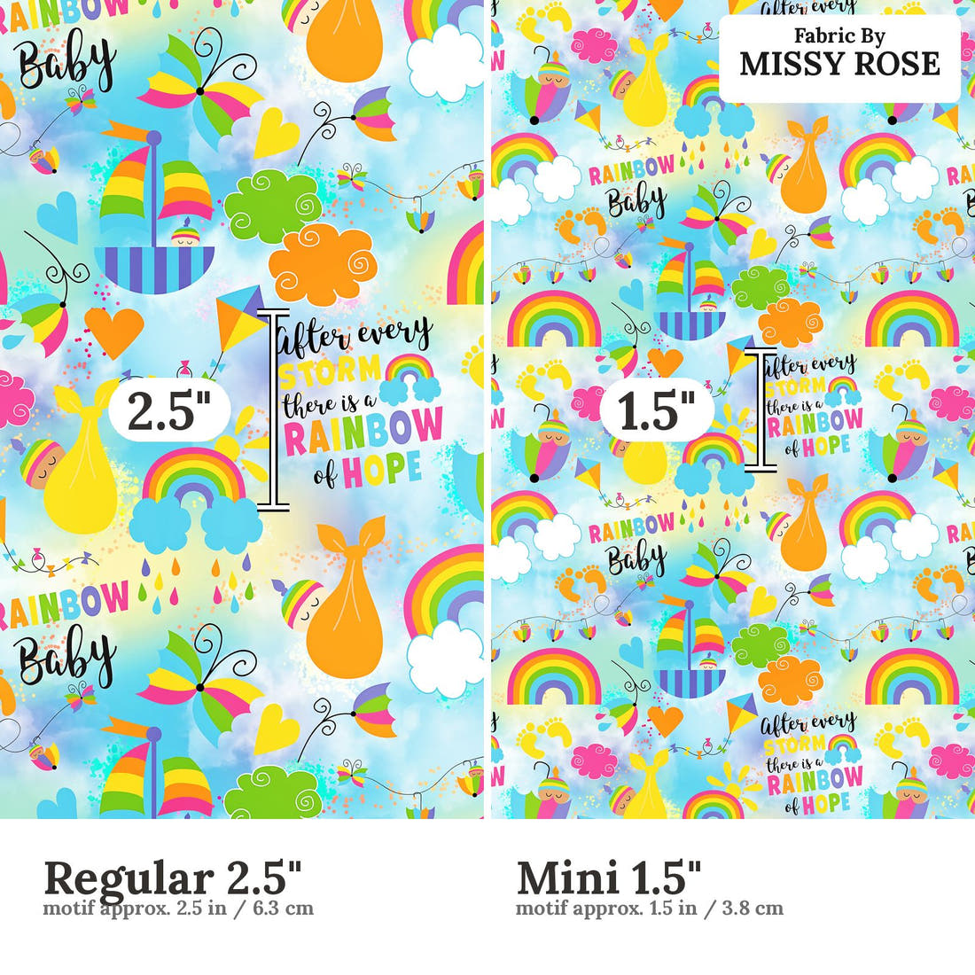 Design 498 Rainbow Baby Fabric size comparison - print scale | Fabric by Missy Rose