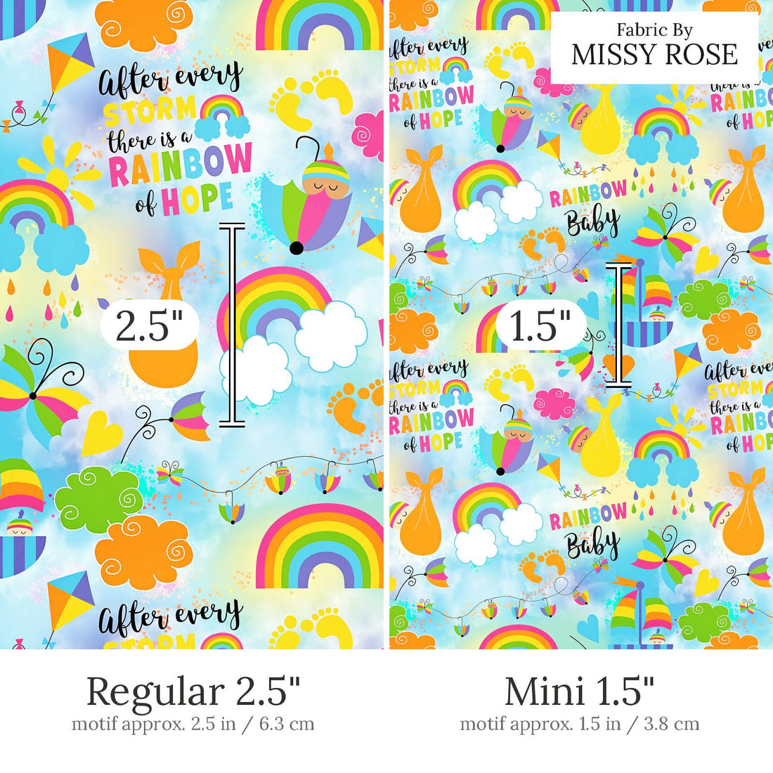 Design 498 Rainbow Baby Fabric Regular 2.5 inch vs Mini 1.5 inch print scale side by side | Fabric by Missy Rose