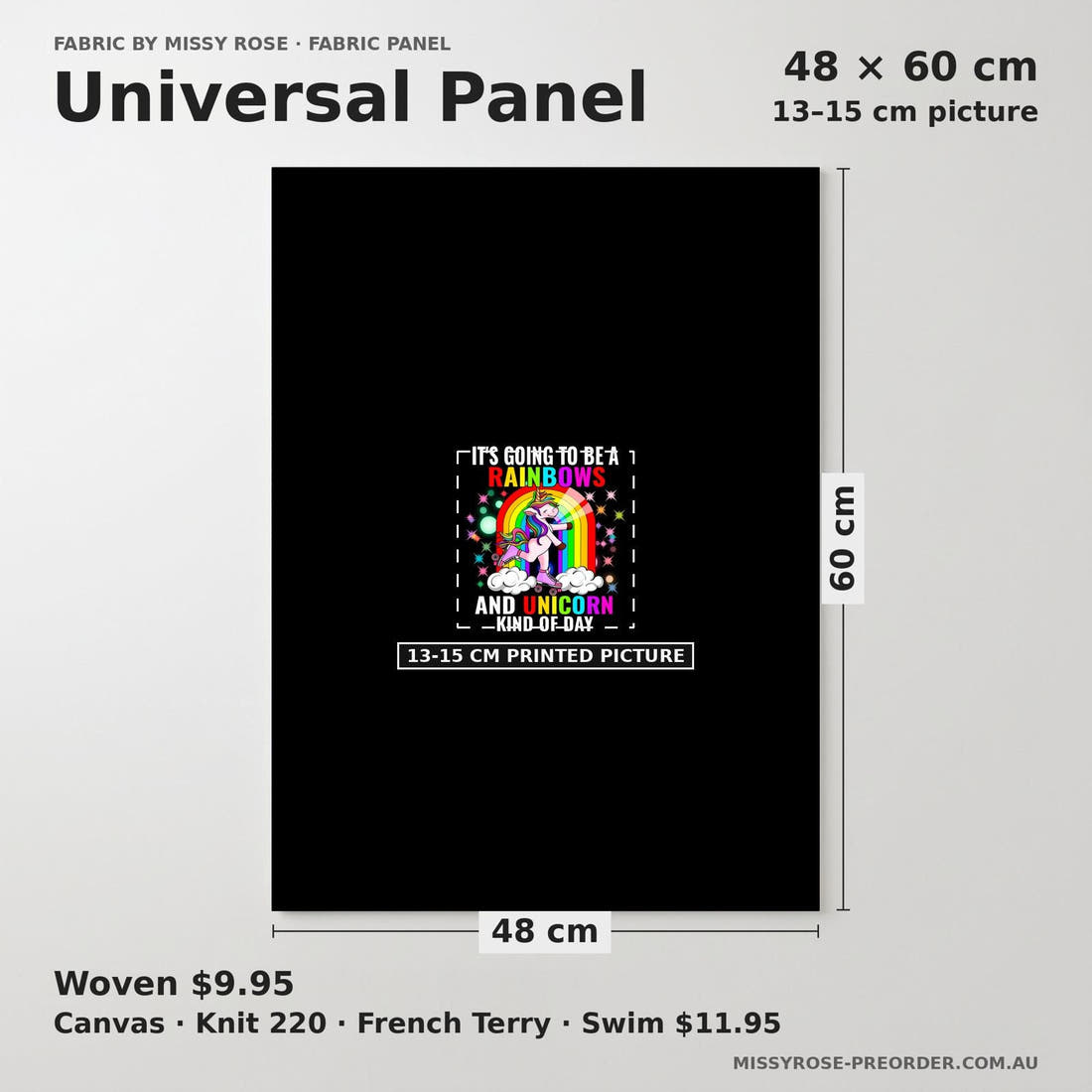 Design 499 Rainbow Unicorn Panel universal panel sizing – 13–15 cm printed picture on 48 × 60 cm fabric | Fabric by Missy Rose
