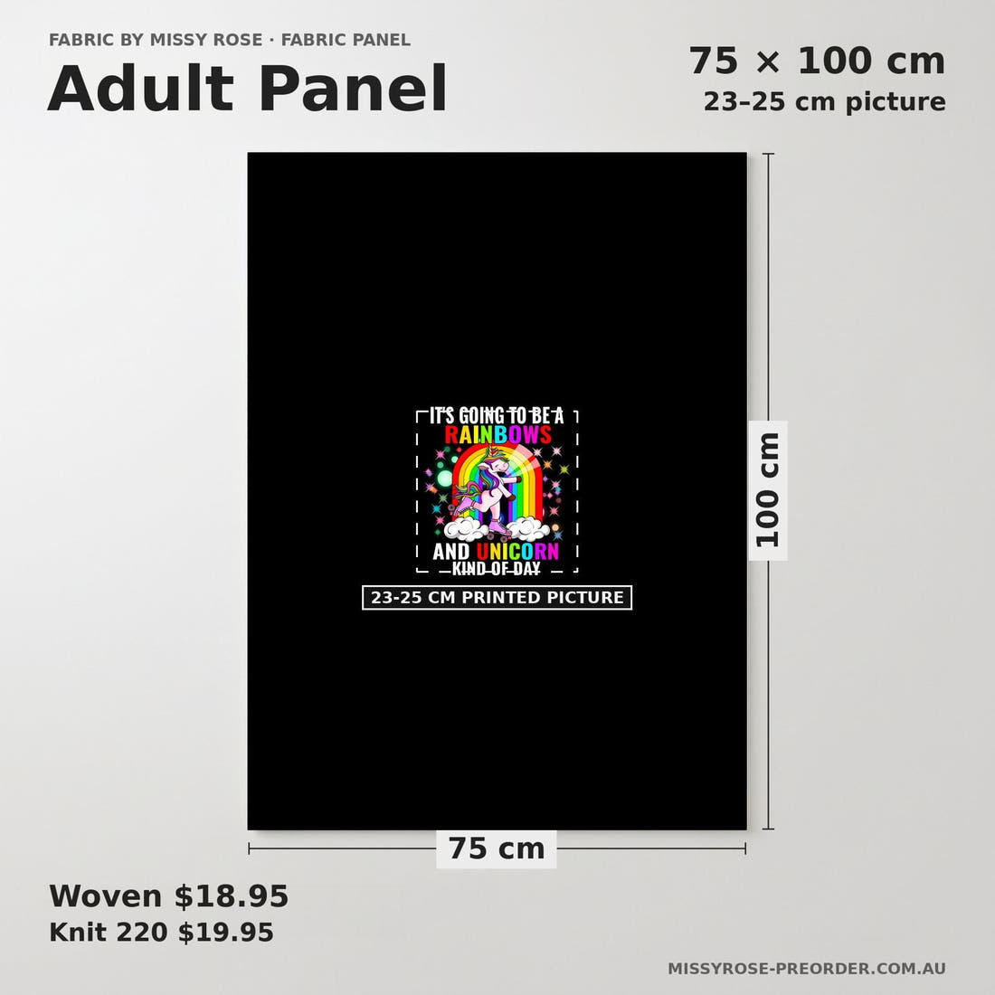 Design 499 Rainbow Unicorn Panel adult panel sizing – 23–25 cm printed picture on 75 × 100 cm fabric | Fabric by Missy Rose