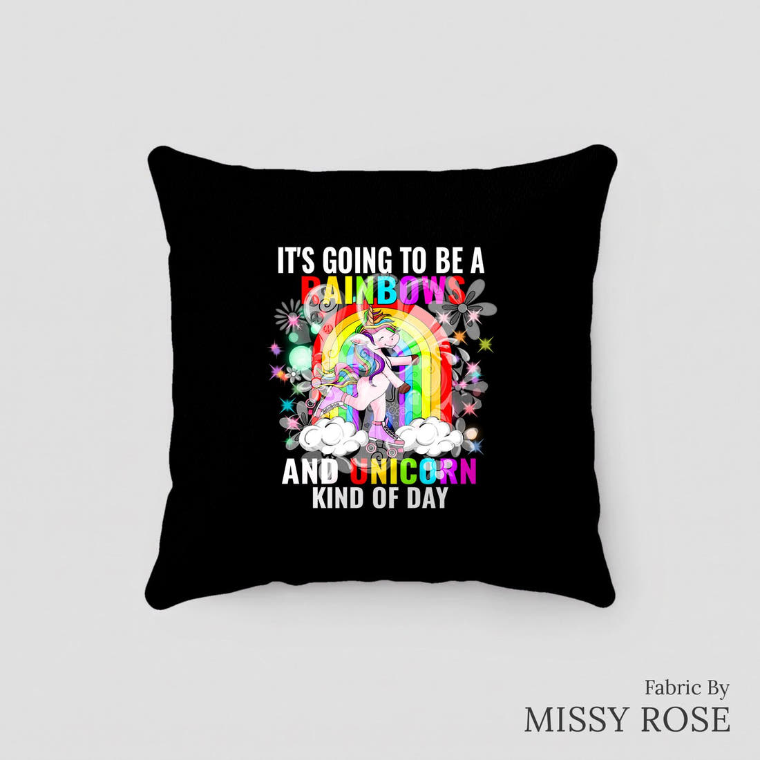 Design 499 Rainbow Unicorn Panel sewn into a cushion – see how the panel looks made up | Fabric by Missy Rose