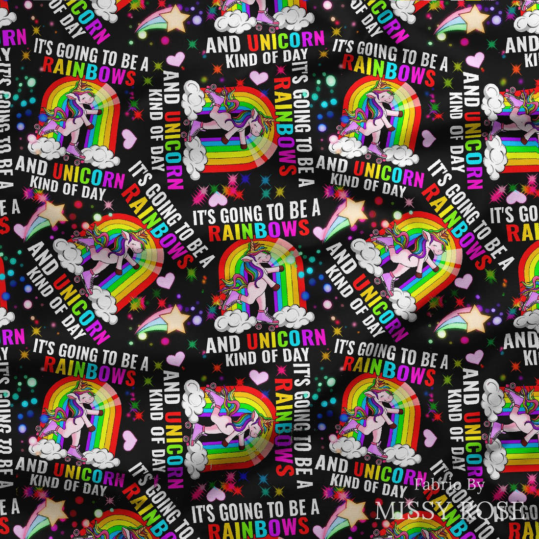 Design 499 Rainbow Unicorn Fabric draped fabric mockup – custom printed fabric by the metre | Fabric by Missy Rose