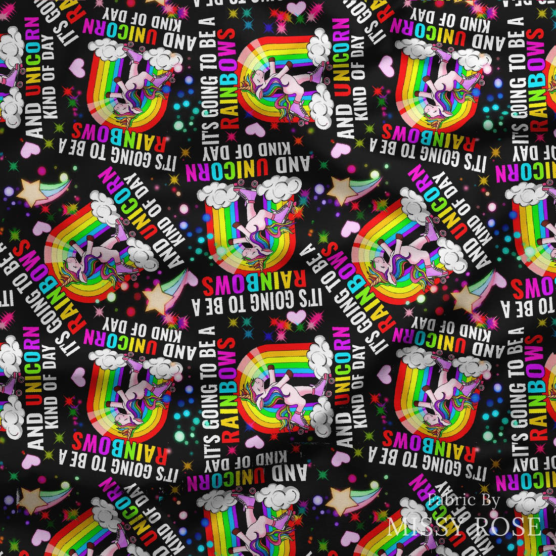 Design 499 Rainbow Unicorn Fabric draped fabric mockup – custom printed fabric by the metre | Fabric by Missy Rose