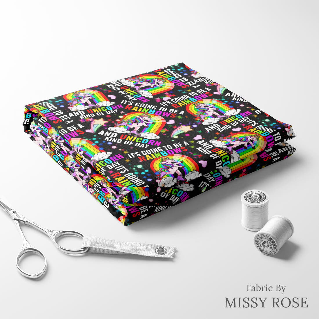 Design 499 Rainbow Unicorn Fabric folded fabric stack with matching thread – pre-order fabric Australia | Fabric by Missy Rose