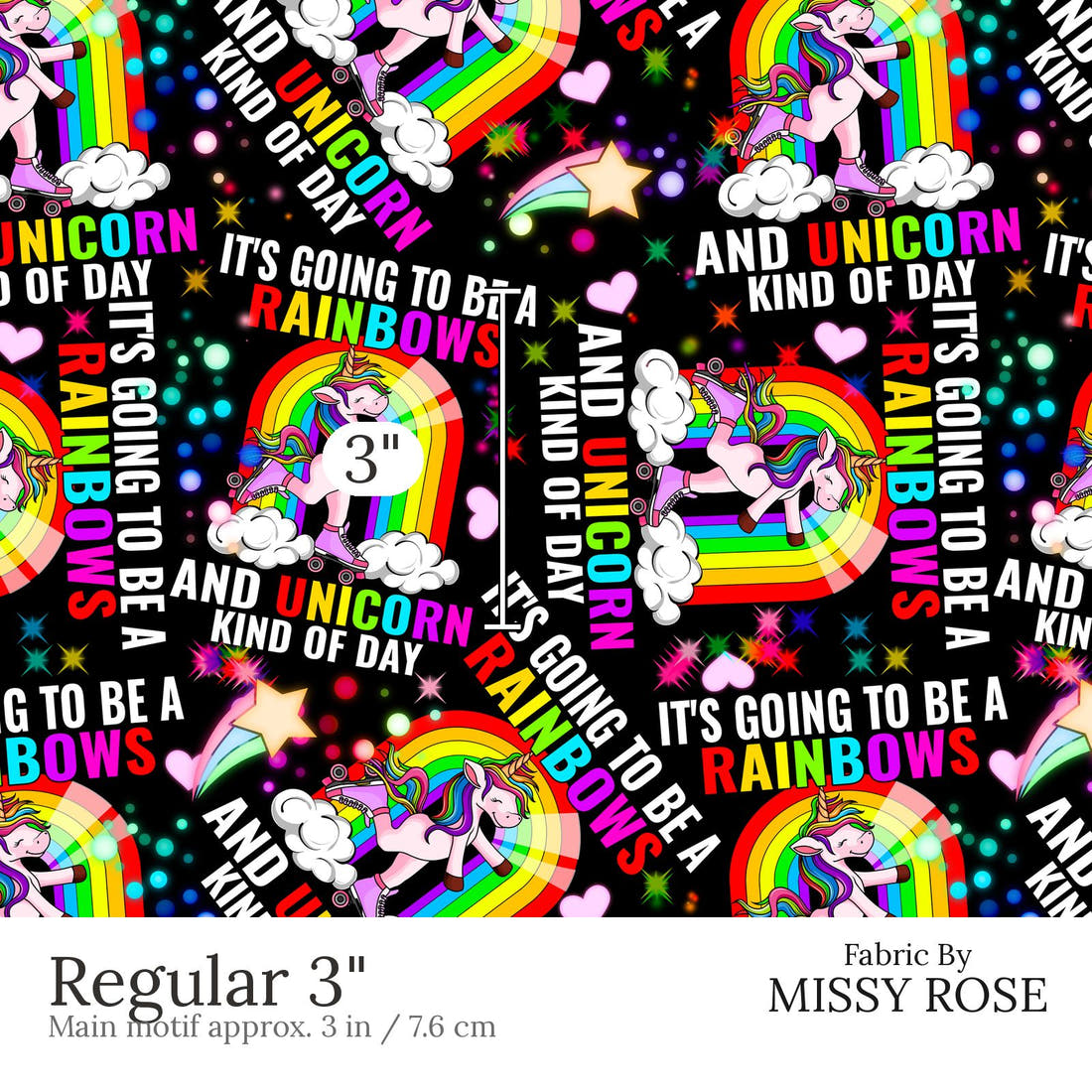 Design 499 Rainbow Unicorn Fabric Regular 3 inch print scale guide | Fabric by Missy Rose