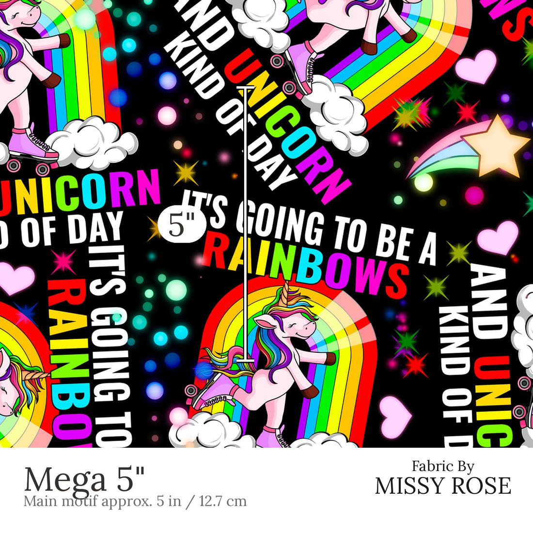 Design 499 Rainbow Unicorn Fabric Mega 5 inch print scale guide | Fabric by Missy Rose