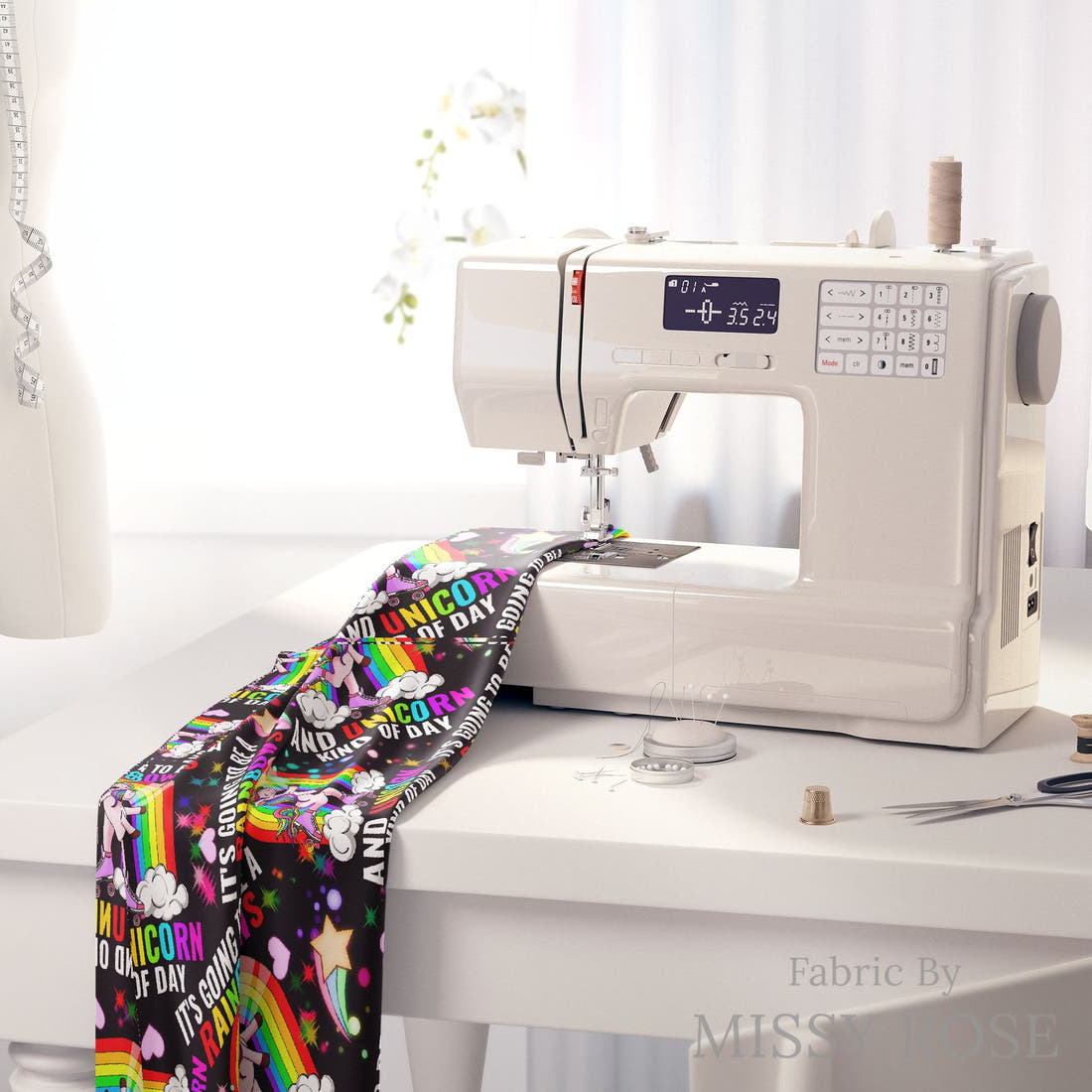 Design 499 Rainbow Unicorn Fabric on a sewing machine – premium fabric for sewing projects | Fabric by Missy Rose