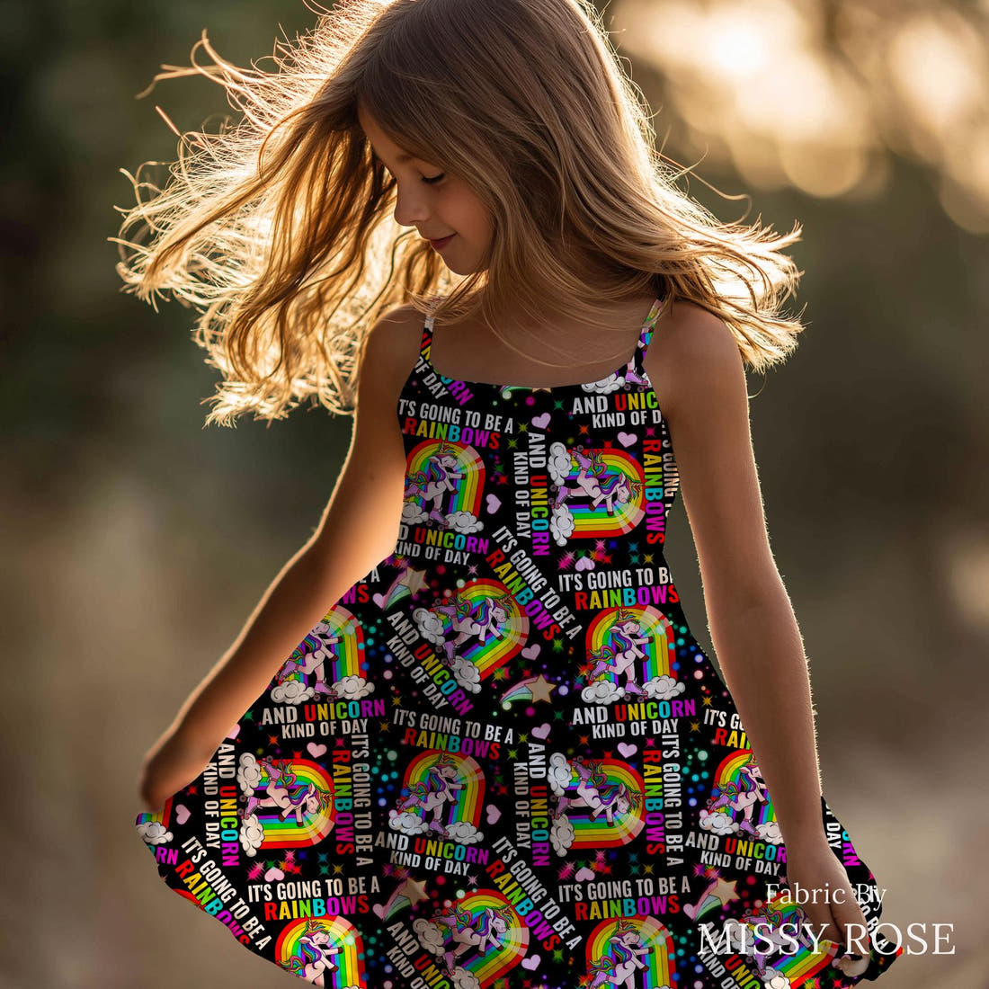 Design 499 Rainbow Unicorn Fabric sewn into a girls' dress – see how the print looks made up | Fabric by Missy Rose